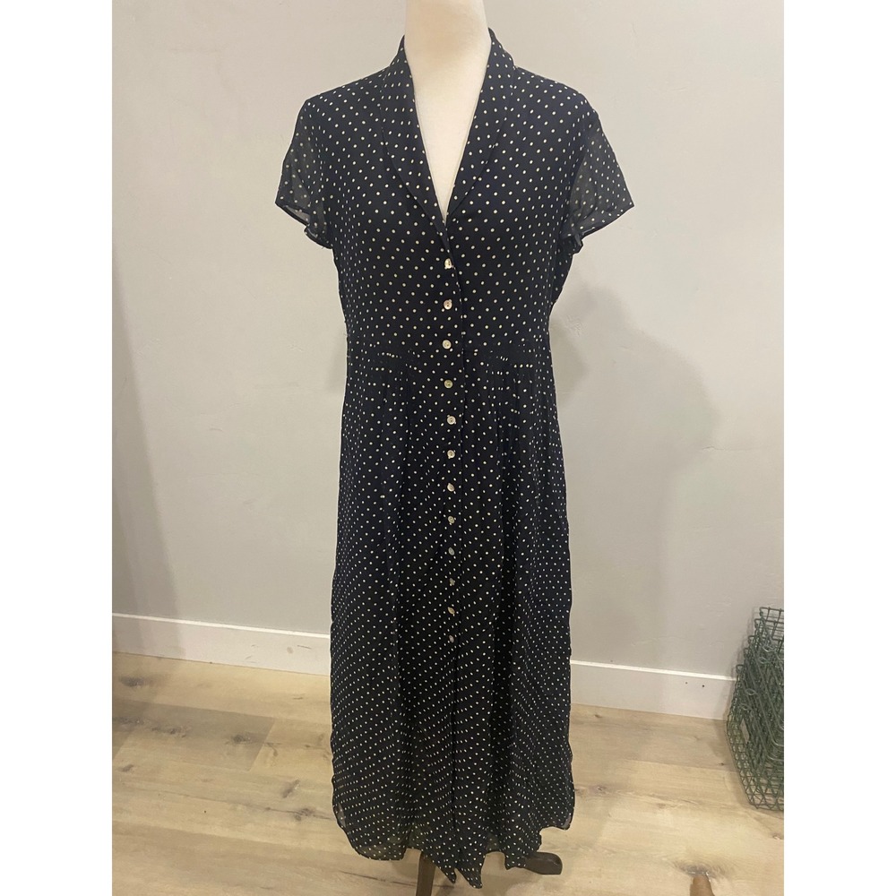 Jones & Co Vintage 90s Polka Dot Shirtdress  Dress Navy Blue teacher Rayon  6
